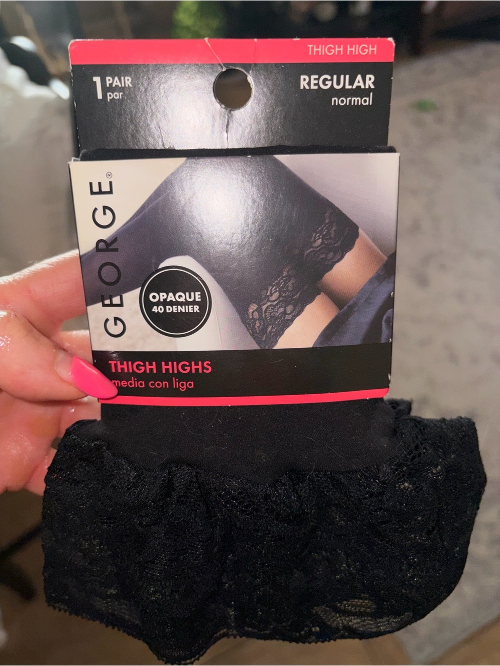 George Black Opaque Thigh Highs with Lace Top